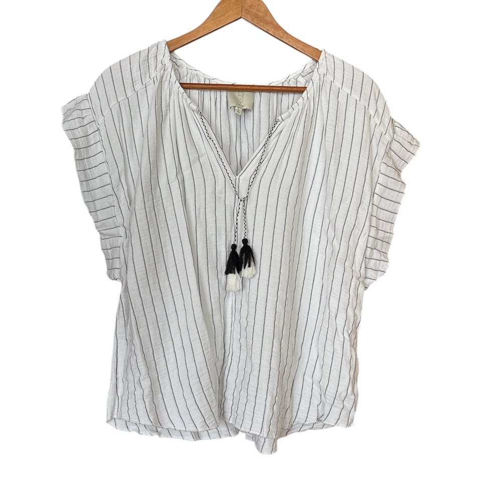 Joie Striped Black And White Blouse with Tassel Detail L